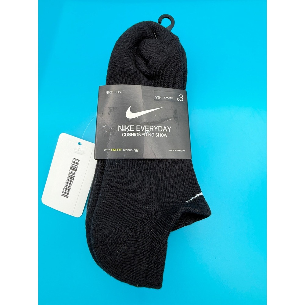 Nike No Show Socks Kids Size M 5Y-7Y Black NEW 3-Pack Cushioned SX6843-010